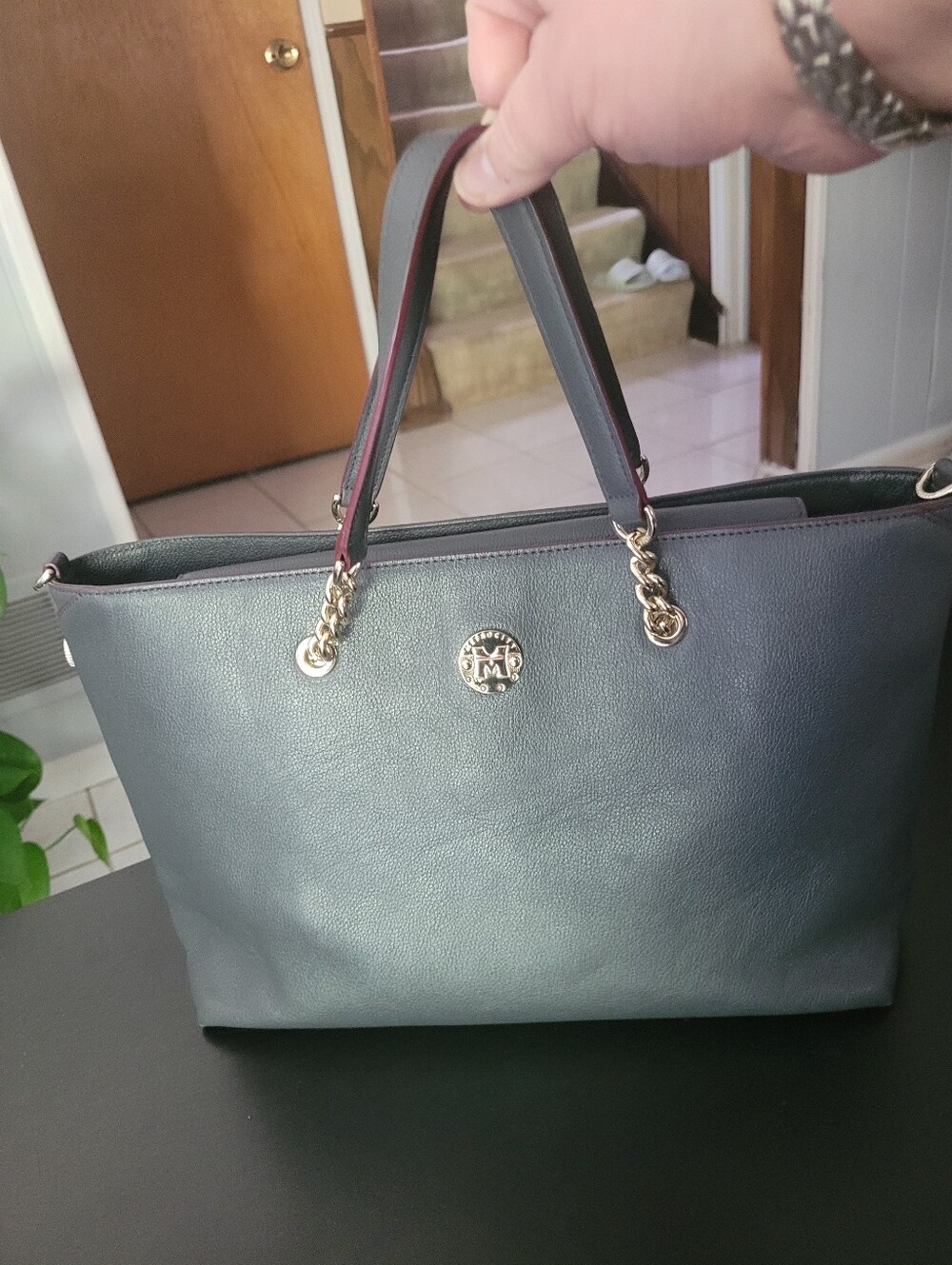 Metrocity Gray Saffiano Leather Tote with Gold Hardware